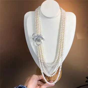 Rankomis rišti 3strands 7-8mm baltos spalvos gėlavandenių perlų vėrinį bowknot micro apdaila cirkonis priedai perlų pakabukas ilgai 55-65 cm