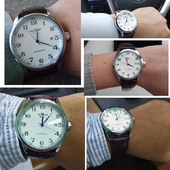 Savęs Likvidavimo Automatinis Mechaninis laikrodis Vyrams Žiūrėti Laikrodis Paprasto Dizaino vyriški Rudas Baltas Ciferblatas Laikrodis Mens SIŲSTI Reloj