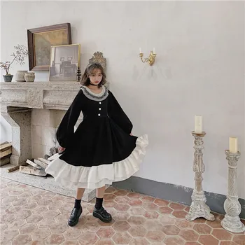 Kawaii Dvisluoksnį Raukiniai Helovinas Suknelės Japonijos Harajuku Moterų Black Midi Suknelė Gothic Punk Stiliaus Cosplay Lolita Dress