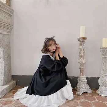 Kawaii Dvisluoksnį Raukiniai Helovinas Suknelės Japonijos Harajuku Moterų Black Midi Suknelė Gothic Punk Stiliaus Cosplay Lolita Dress