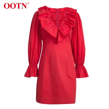OOTN Rudenį Pynimas V Kaklo Elegantiška Raudona Suknelė Moterims Blyksnius ilgomis Rankovėmis Tunika Trumpos Suknelės Moterų 2019 Žiemos Seksualus Ponios Atsitiktinis