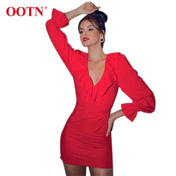OOTN Rudenį Pynimas V Kaklo Elegantiška Raudona Suknelė Moterims Blyksnius ilgomis Rankovėmis Tunika Trumpos Suknelės Moterų 2019 Žiemos Seksualus Ponios Atsitiktinis