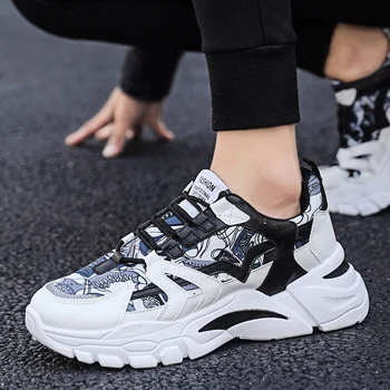 Vyrų odos grafiti bėgimo bateliai susiuvimo lace-up sneakers ne slydimui, dilimui vaikščiojimo batai Zapatos Hombre crossover