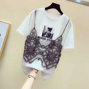 2021 m. Vasarą Naujų korėjos Nėrinių Diržas Sujungimas Laiškas Trumpas Rankovėmis marškinėliai Moterų Spausdinti Prarasti Netikrą Twopiece Marškinėliai Studentų Viršūnės