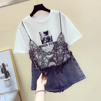 2021 m. Vasarą Naujų korėjos Nėrinių Diržas Sujungimas Laiškas Trumpas Rankovėmis marškinėliai Moterų Spausdinti Prarasti Netikrą Twopiece Marškinėliai Studentų Viršūnės