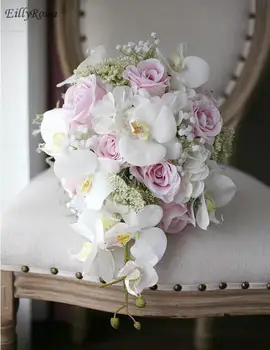 Romantiški Dramblio kaulo Rožinė Domino Vestuvių Puokštės De Mariage Rožių, Orchidėjų, Dirbtinio Šilko Gėlių Vestuvių Puokštė 2018 ramo de flores