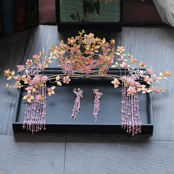 PEORCHID Aukso Violetinė Derliaus Tradicinės Kinų Plaukų Stick Drugelis Plaukų Smeigtukai Moterims Gėlių Karūna Lankelis Vestuvių Priedai