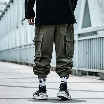 Hip-Hop Poilsiu Krovinių Kelnės Juoda Kišenėje Multi-Pocket Track Pants Vyriškos Kelnės Streetwear Atsitiktinis Elastinga Juosmens Krovinių Kelnės
