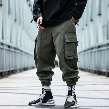 Hip-Hop Poilsiu Krovinių Kelnės Juoda Kišenėje Multi-Pocket Track Pants Vyriškos Kelnės Streetwear Atsitiktinis Elastinga Juosmens Krovinių Kelnės