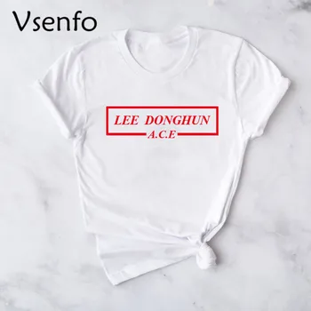 A. C. E Paklaida T-Shirt Moterims korėjos Mados Kpop ACE VISI NARIAI IŠVARDYTŲ Laiškas Spausdinti Marškinėlius Femme Atsitiktinis Medvilnės trumpomis Rankovėmis Viršūnes
