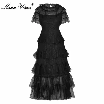 MoaaYina Mados kilimo ir tūpimo Tako suknelė Vasaros Moterų Suknelė trumpomis Rankovėmis Akių Domino Pynimas Elegantiškas Suknelės