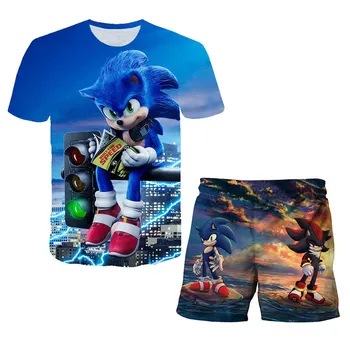 Vasaros Drabužių Vaikas Kostiumai Animacinių filmų 3D Atspausdintas Sonic the Hedgehog marškinėliai Atsitiktinis Berniukų, Mergaičių FashionT Marškinėliai, Šortai 2vnt/komplektas Bamblys
