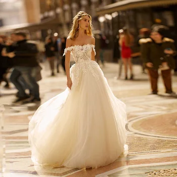 Jiayigong Nėrinių Vestuvių Suknelė 2020 Žavinga Off Peties, permatomas Tiulis A-Line Bridal Gown Vestido De Noiva