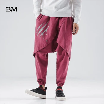 Kinų Stiliaus Hip-Hop Lino Pants Mens 2020 Spausdinti Kelnės Vyrų Prarasti Negabaritinių Vintage Mados Didelis Kišenėje Baggy Pants 5XL