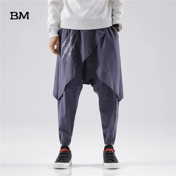Kinų Stiliaus Hip-Hop Lino Pants Mens 2020 Spausdinti Kelnės Vyrų Prarasti Negabaritinių Vintage Mados Didelis Kišenėje Baggy Pants 5XL