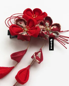 Japonų Stiliaus Rankų darbo Plaukų Papuošalai Sakura Kutas Raudoną nuotakos Šukuosena Kostiumo Kimono Plaukų Aksesuarai Gėlių Staigius Cosplay