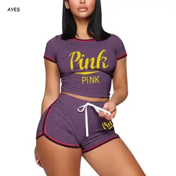 Moterys Slim Pink Letter Spausdinimo Dviejų dalių Rinkinys, sportinius kostiumus ir kostiumus bėgiojimui 2020 Metų Vasaros Šortai Nustatyti Pasėlių Viršuje Hotpants 2vnt Atsitiktinis Rinkiniai Sportswear Naujas