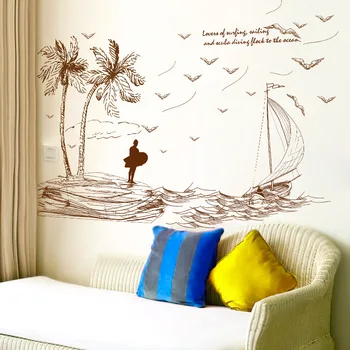 Eskizas kokoso medžio burlaivis žuvėdra paplūdimys surf kraštovaizdžio sienų lipdukai lipdukai namų dekoro svetainės, miegamojo tapetai Dailės Freskos