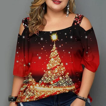Elegantiškas Kalėdų Palaidinė Marškinėliai Moterims 2020 M. Ruduo Kalėdų Medį Spausdinti Seksualus Viršūnės Vasarą, O Kaklo Trumpomis Rankovėmis Megztinis Blusas Mujer