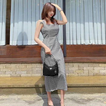 Pledas Ilga Suknelė moterų Berankovis Vasaros kvadratinių kaklo Korėja sundress Ponios Sexy vienas gabalas Maxi Suknelės