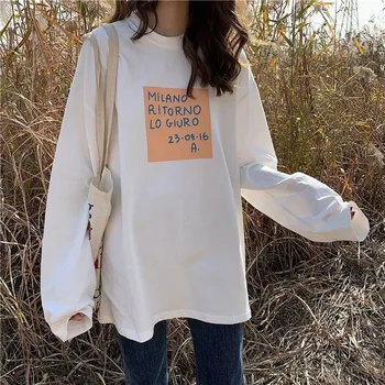 Ilgomis Rankovėmis marškinėliai Moterims Pavasario Spausdinti Harajuku Moterų Rudenį Viršūnes Street Wear Paprasta korėjos Stiliaus Prarasti Studentų In Chic
