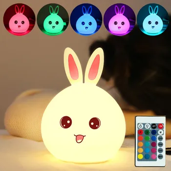 Animacinių filmų Triušis LED Nakties Šviesos Palieskite Jutiklį Nuotolinio Valdymo RGB USB Įkrovimo Silikono Katytė Lempa Vaikams, Vaikams, Kūdikių Dovanų