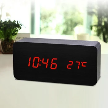 LED Laikrodis-Žadintuvas Medinis Skaitmeninis Temperatūros Elektroninių Garsų Kontrolės Darbalaukio Lentelė Namų E2S