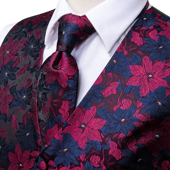 Hi-Šilko Kaklaraištis vyriški Tamsiai Gėlių Liemenė Vyrams Kostiumu Vintage Mados Mėlynos ir Raudonos Vyrų Vestuves Liemenė ir Kaklaraištis Nustatyti Oficialaus Marškinėliai