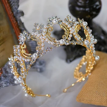 Negabaritinių Princesė Aukso Brides Rožančiai Vainikėliai Headpices Perlai Vestuviniai Kaspinai Aišku Kristalų Vestuvių Plaukų Aksesuarai