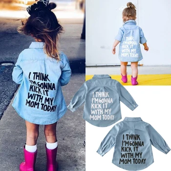 2-7Y Rudenį Bamblys Vaikams Baby Girl Marškinėliai Topai Drabužius Džinsinio audinio Raštą Spausdinti ilgomis Rankovėmis Viršūnes Marškinėliai Šiltas Kailis Marškinėliai
