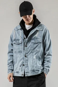 Nauja Rudens 2020 Vyrų Šviesiai Mėlyna Kankina Skylių džinsinio striukė hip-hop vientisos spalvos Mados Streetwear atsitiktinis džinsai striukė kailis