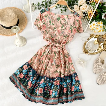 Boho 2021 vintage v kaklo gėlių spausdinti Slim trumpą Suknelę vasaros beach sexy tvarstis suknelė Šalis vestidos Moterų-line atostogų suknelė