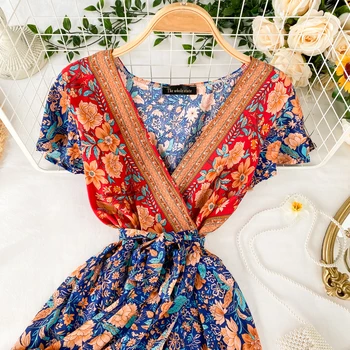 Boho 2021 vintage v kaklo gėlių spausdinti Slim trumpą Suknelę vasaros beach sexy tvarstis suknelė Šalis vestidos Moterų-line atostogų suknelė