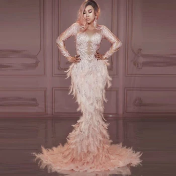 Kalnų krištolas, Rožinis balta Plunksna vestuvių Suknelė Sexy Ilgas Big Uodega drag queen Kostiumas vakarą Prom Gimtadienio mermaid Dress dizaineris