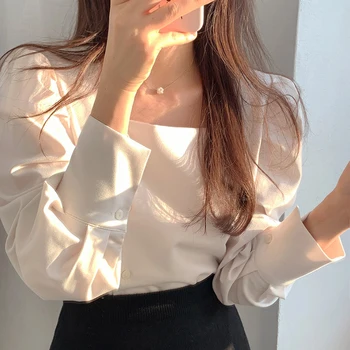 Aikštėje Apykaklės Marškinėliai Sluoksniuotos Ilgomis Rankovėmis Viršų Mygtuką Iki Baltos, Mėlynos Moterų Palaidinė Office Pavasario 2020 Korėjos Roupas Feminina Camisa Moda