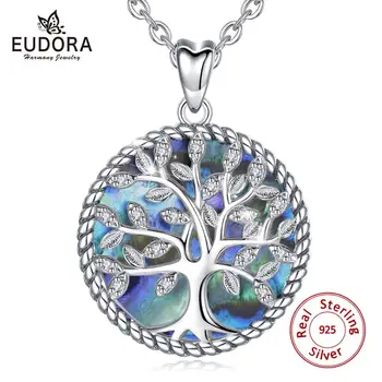 EUDORA 925 Sterlingas Sidabro Gyvybės Medis Pendant Crystal Lapų Mėlyna Motina Perlų Karoliai Moterų Bauda Papuošalai Dovana su būda D170