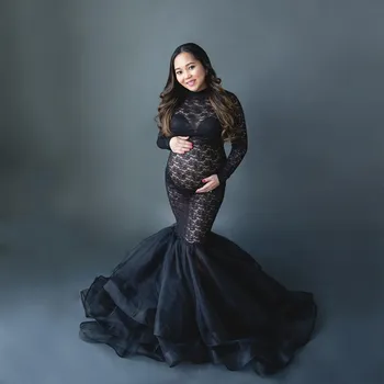 Juoda Motinystės Ilgai Tiulio Suknelė Fotografija Matyti per Nėrinių ilgomis Rankovėmis Nėštumo Tutu fotosesiją Maxi Suknelė