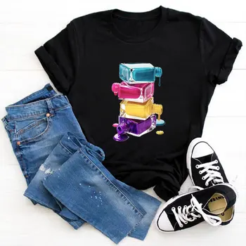 Estetinės Marškinėliai Nagų lako Spausdinti Moterų Black T-shirt Viršūnes Moterų Harajuku 90s Mergina Ullzang Kawaii Moterų Marškinėliai, Streetwear
