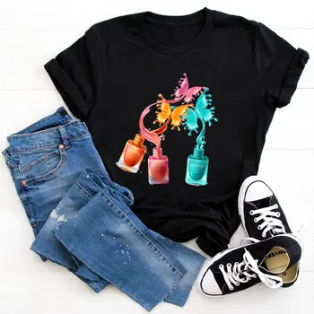 Estetinės Marškinėliai Nagų lako Spausdinti Moterų Black T-shirt Viršūnes Moterų Harajuku 90s Mergina Ullzang Kawaii Moterų Marškinėliai, Streetwear