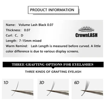CrownLASH Juoda Apimties Blakstienų C, D 0.03 0.05 0.07 0.085 7-15mm 9sizes sumaišyti dėklas 3D 4D 5D 6D