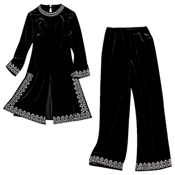 Vintage Black Velvet 2 Gabalas Rinkiniai Moterims Gėlių Aplikacija Ilgai Viršūnes Ir Plati Koja Kelnės Rinkiniai Kostiumai Plius Dydis Atsitiktinis Moterų Rinkiniai