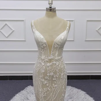 Prabanga Kaulų Vestuvių Suknelės, Nėriniai Appliques Undinė Su Plunksna Nuotakos Suknelė 2020 SJ434