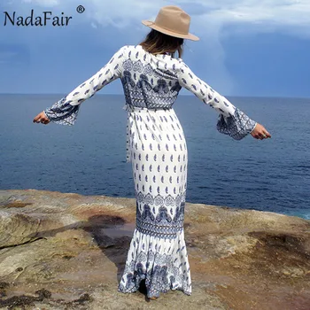 Nadafair Boho Vasaros Paplūdimio Suknelė Moteris Retro V Kaklo Blyksnius Rankovės Varčios Tunika Vintage Gėlių Maxi Suknelė