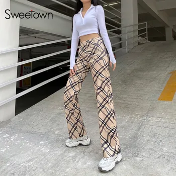 Sweetown 2020 m. Rudenį Kreivė Juostele Tiesios Kelnės Moterims Anglijoje Preppy Stilius Y2K Streetwear Atsitiktinis Kišenės High Waisted Poilsiu