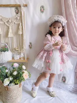 Baby Girl Rudenį, Pavasarį, Vasarą Long Sleeve Pink Lace turkijos Derliaus Lolita Suknelė Princesė Suknelė Gimtadienio Chritmas Atsitiktinis