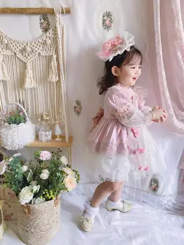 Baby Girl Rudenį, Pavasarį, Vasarą Long Sleeve Pink Lace turkijos Derliaus Lolita Suknelė Princesė Suknelė Gimtadienio Chritmas Atsitiktinis