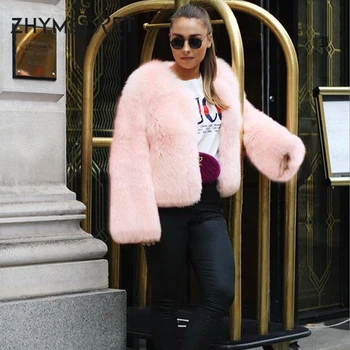 ZHYMIHRET 2019 Žiemą Šiltas Dirbtiniais Kailių Paltai Moterims Rausvos spalvos, ilgomis Rankovėmis Storas Kailis Švarkas Elegantiškas Shaggy Pliušinis Outwear Moteris