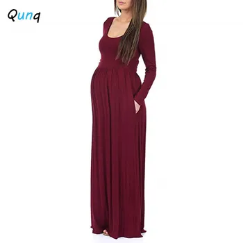 Qunq Motinystės Suknelė vientisa Spalva, O-kaklo Kulkšnies ilgio Elegantiškas Nėštumo Drabužiai ilgomis Rankovėmis Pavasarį, Rudenį Moteris Atostogų Komplektai