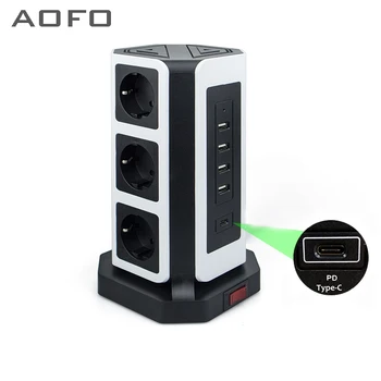AOFO 9 Fach Steckdosenleiste mit 4 USB - und 1 Tapy-C (PD/18W) Ladeanschlüsse,überspannungsschutz und Kurzschlussschutz steckdose