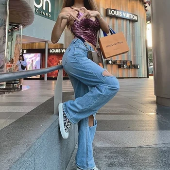 Korėjos Skylę Kankina Boyfriend Džinsai Moterims 2020 Streetwear Didelis Juosmens Tuščiaviduriai Mama Nuplyšęs Džinsinio Džinsus Platus, Kojos Tiesios Kelnės